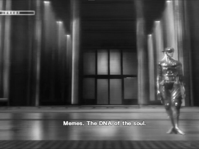 good-memes-are-more-important-than-ever-1 A metallic character from Metal Gear Rising stands in a concrete corridor with text overlay reading 'Memes. The DNA of the soul.'